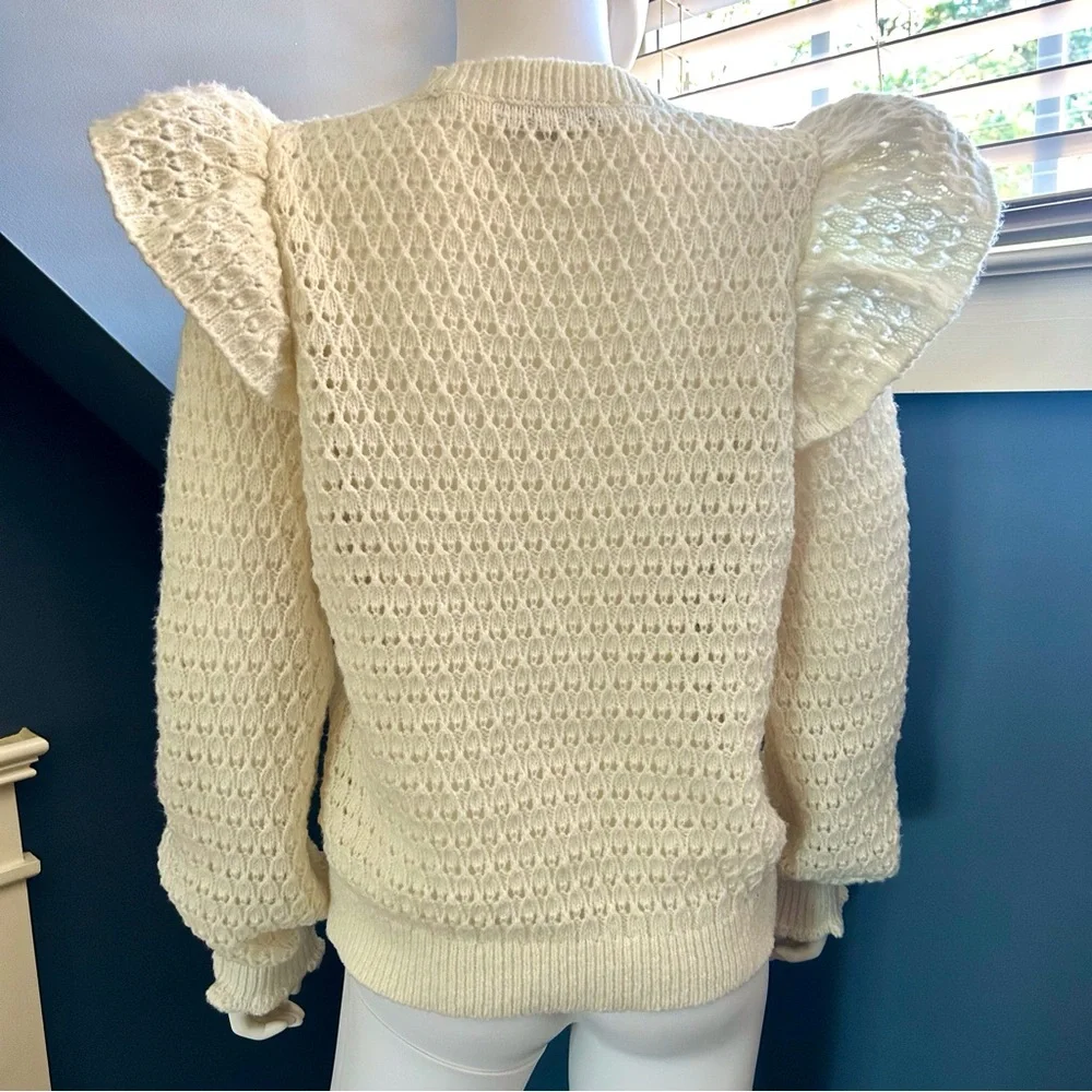 LOFT Cream Ruffle Shoulder Crewneck Knit Pull Over Sweater - Picture 7 of 12
